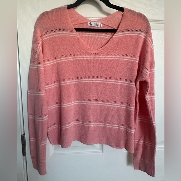 Carve Designs Zella pink pullover sweater, organic cotton, white stripes, medium - Picture 4 of 16